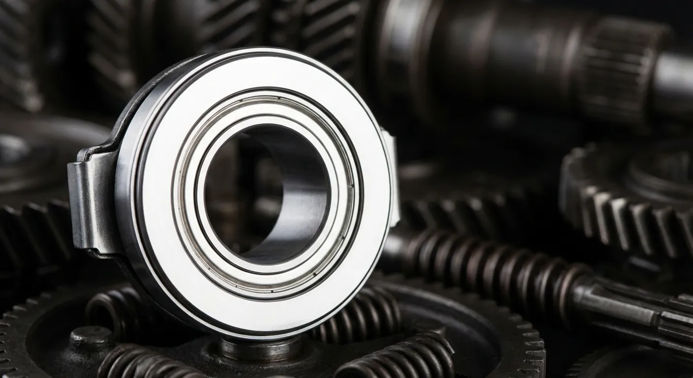 Miniature: Grosse plan sur une butée d'embrayage neuve, brillante et non fonctionnelle, contraste élevé.