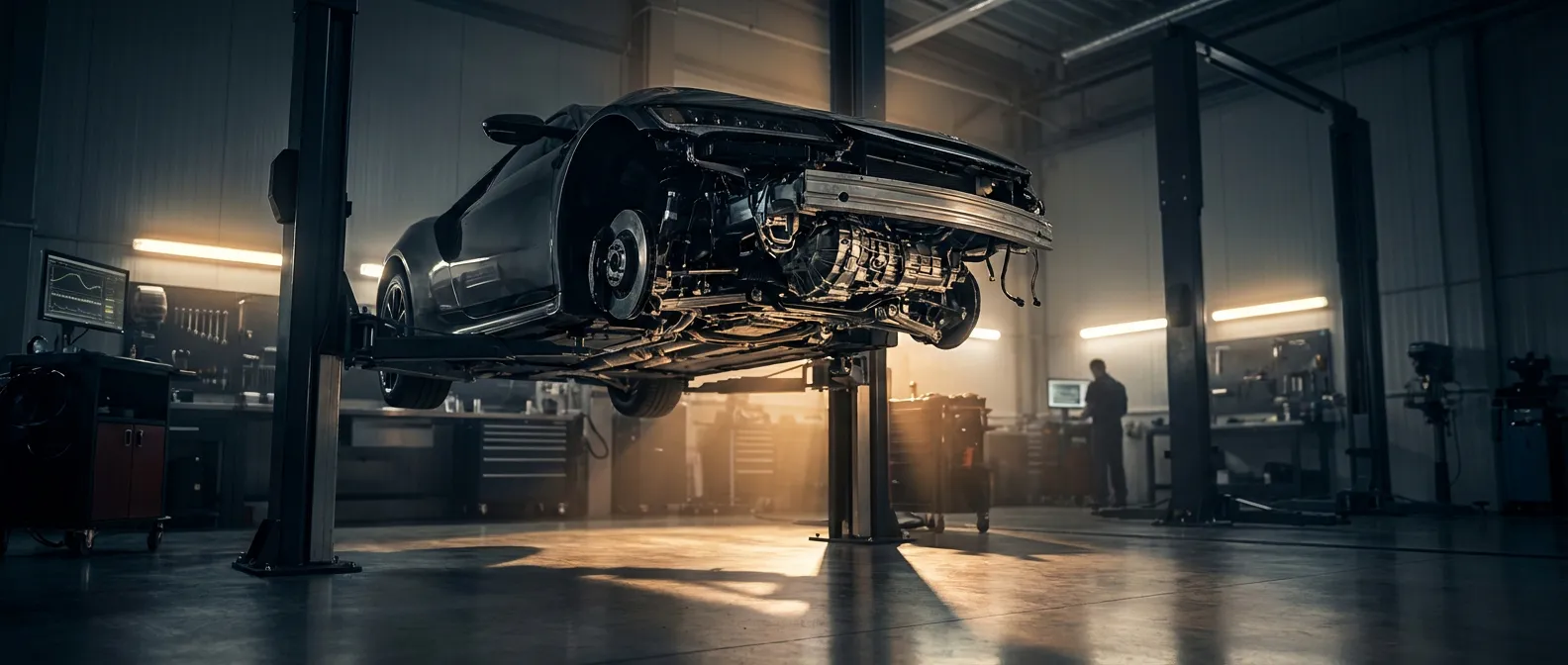 Un mystère mécanique : embrayage neuf et vitesses impossibles Image d'en-tête: Voiture sur pont élévateur avec éclairage dramatique, symbole d'un problème mécanique complexe malgré un embrayage neuf.