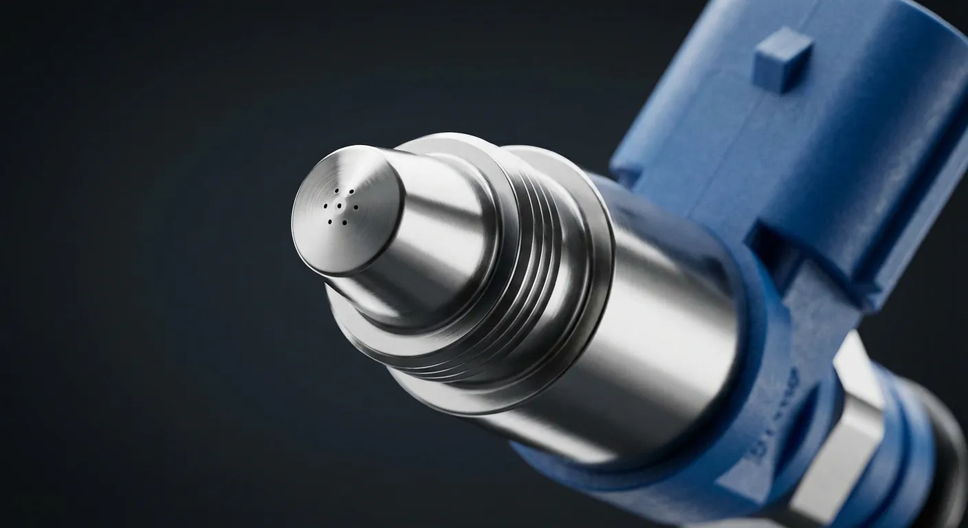 Gros plan iconique d'un injecteur AdBlue neuf et brillant sur fond minimaliste, illustrant la pièce maîtresse du système.