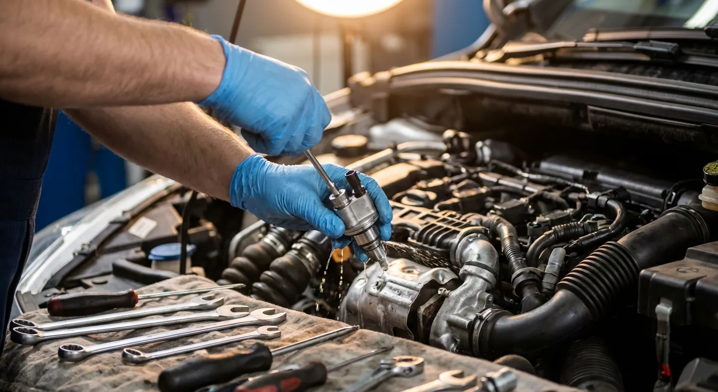Mains de mécanicien en gros plan, gantées, nettoyant ou remplaçant l'injecteur AdBlue dans le compartiment moteur d'une Peugeot 308, avec outils apparents.