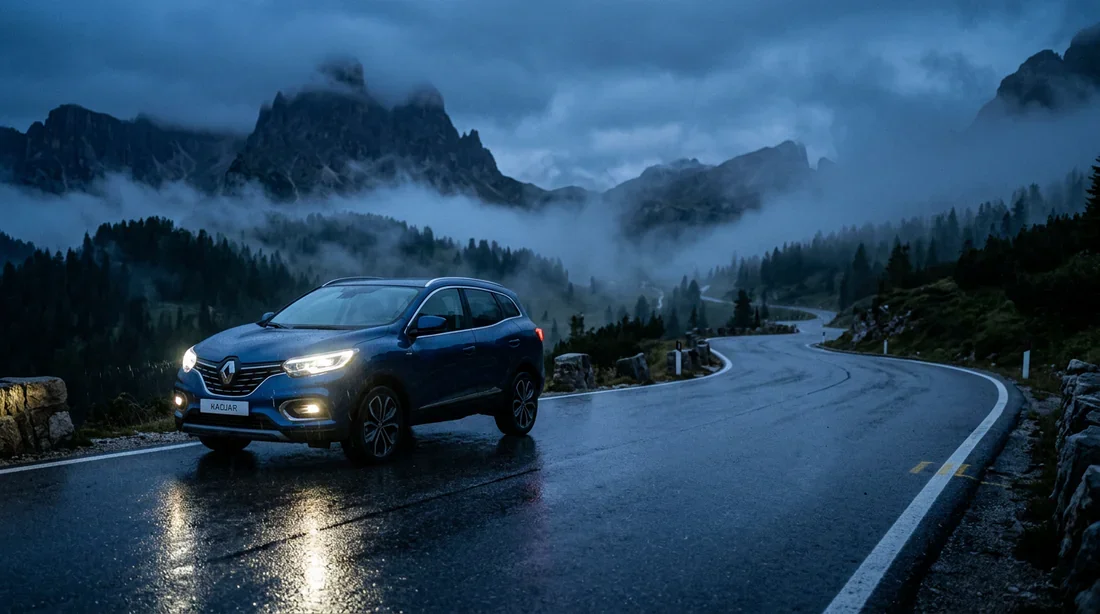 Un SUV Renault Kadjar élégant garé sur une route de montagne sous une lumière bleue cinématique