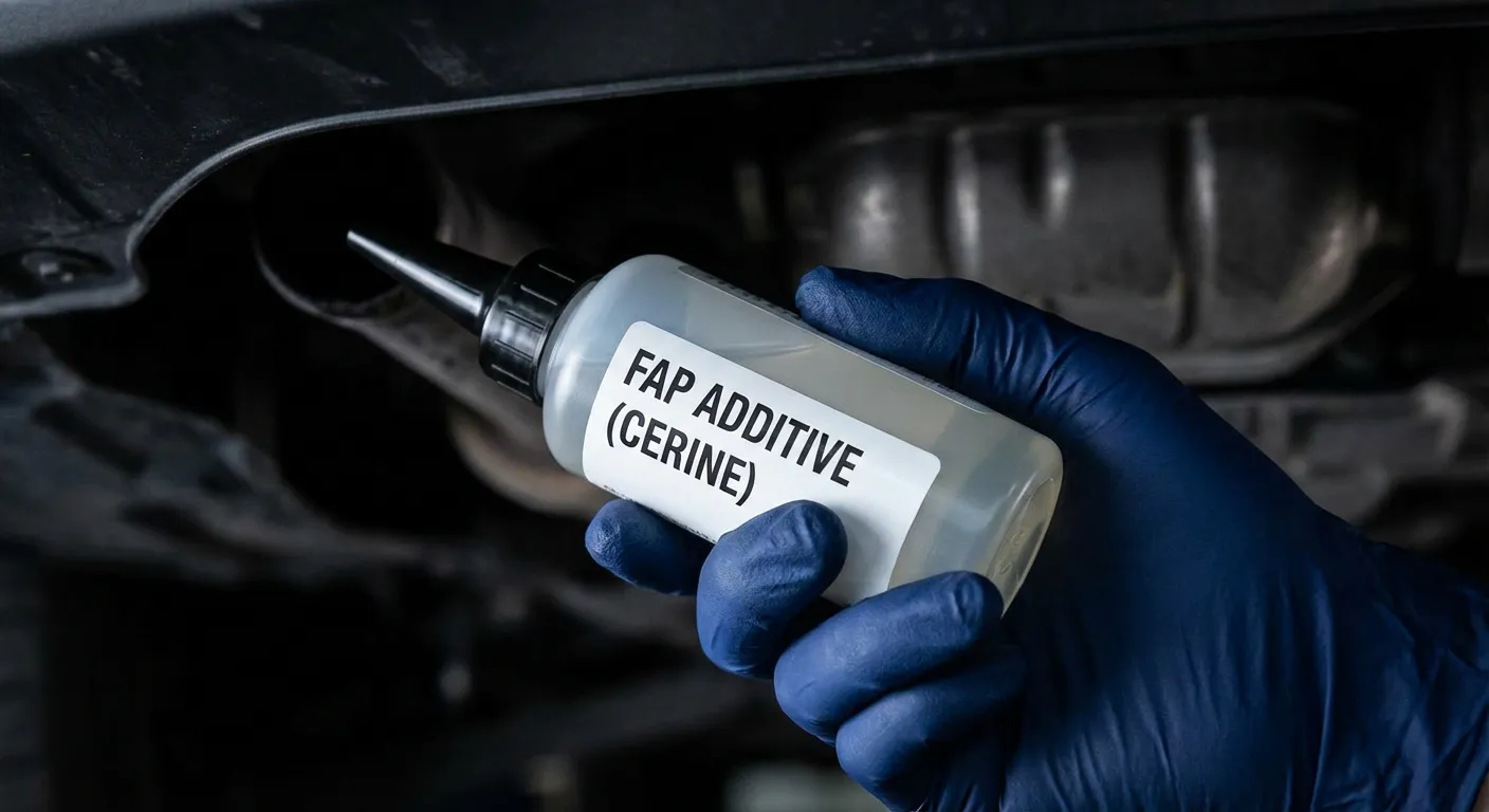 Main gantée d'un mécanicien tenant une bouteille d'additif FAP, image minimaliste et contrastée.