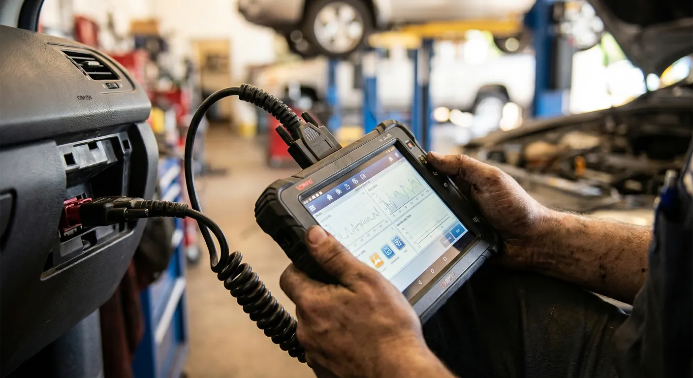 Technicien utilisant un outil de diagnostic électronique sur une Fiat Multijet