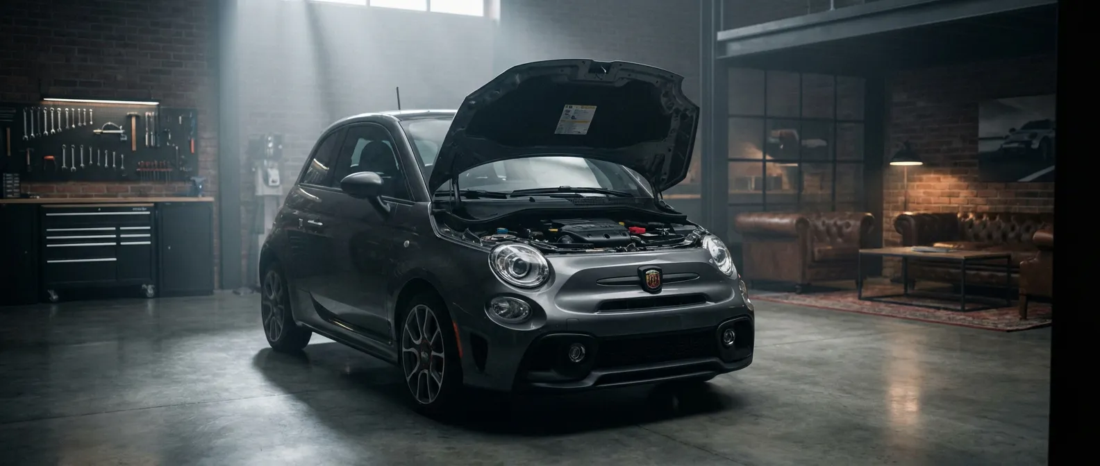 Vue cinématique du compartiment moteur d'une Fiat lors d'un diagnostic en atelier professionnel