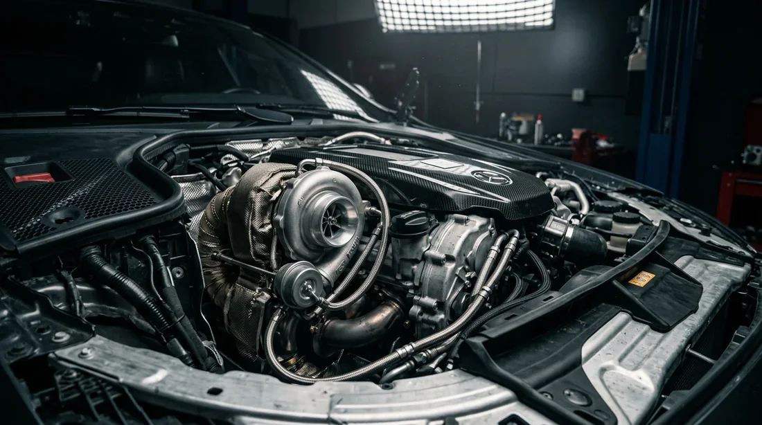 Moteur Mercedes sous projecteurs Gros plan cinématique sur un moteur Mercedes-Benz moderne avec un accent mis sur la technologie turbo
