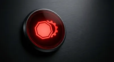 Icône rouge et minimaliste du voyant STOP et d'un moteur, symbolisant une panne d'injection, forte contraste.