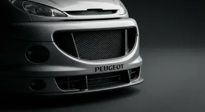 Détail emblématique du pare-choc avant unique d'une Peugeot 206 GT, avec un contraste élevé.