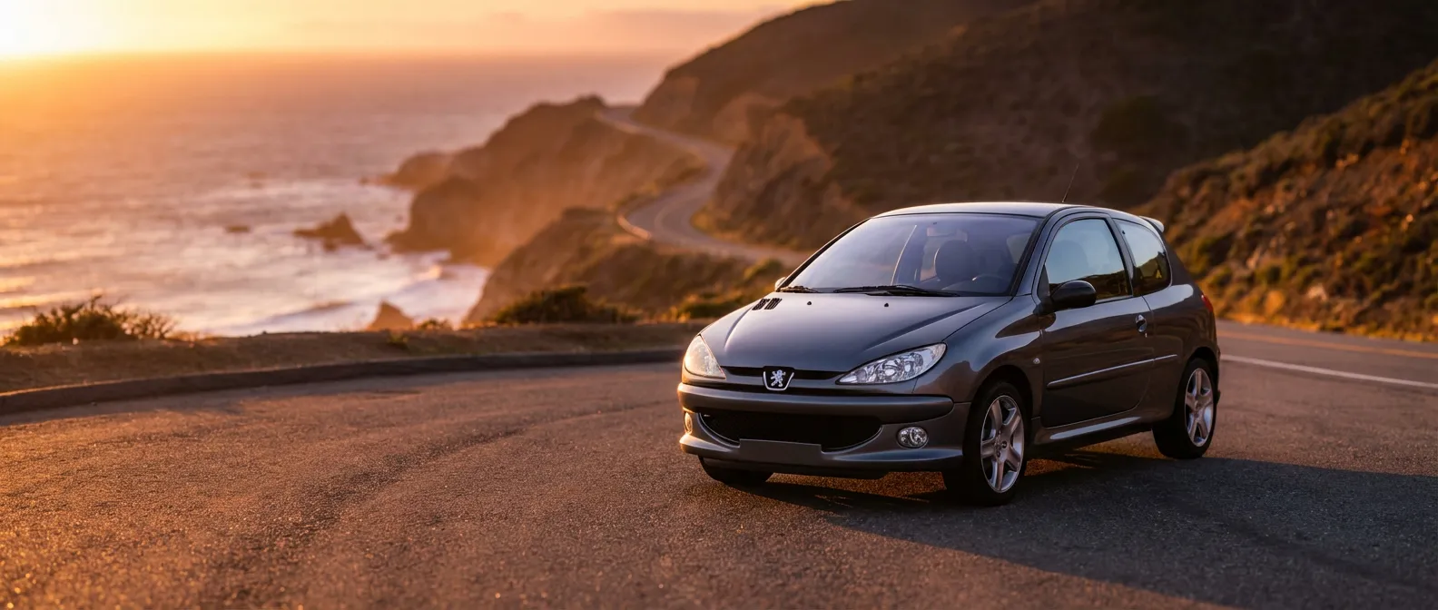 Peugeot 206 GT rouge vif garée sur une route côtière au coucher du soleil, son pare-choc avant distinctif mis en valeur.