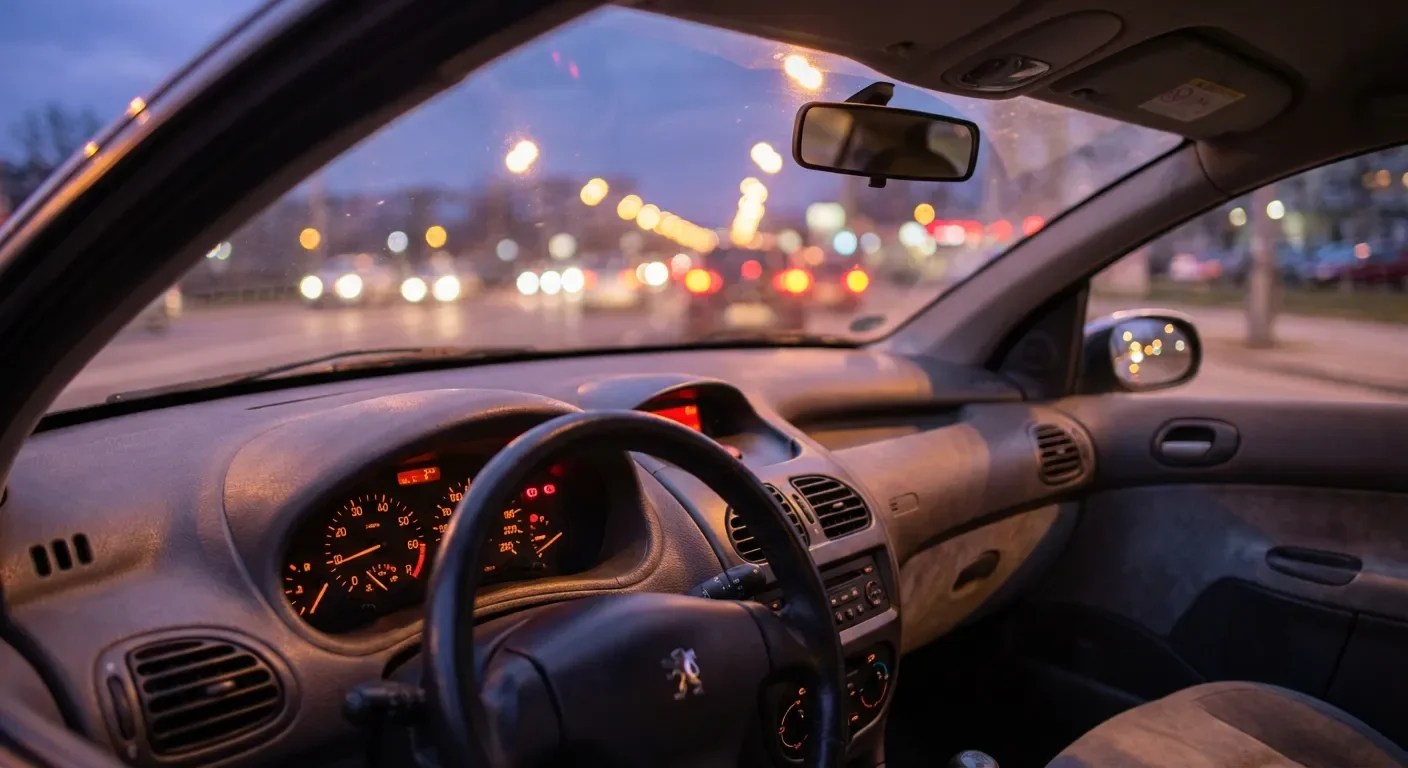 Tableau de bord de Peugeot 206 illuminé avec voyants d'alerte de nuit
