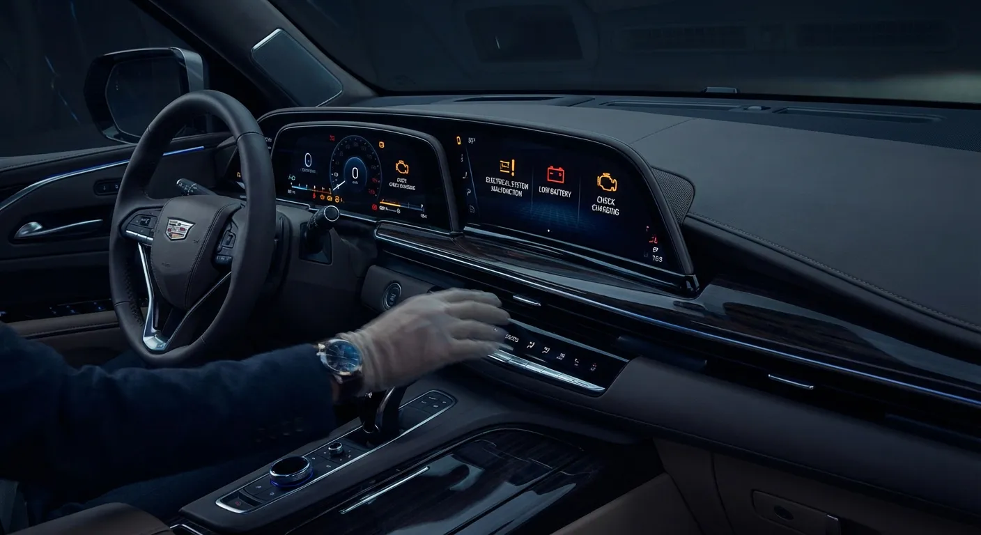 Tableau de bord de voiture moderne affichant des voyants d'erreur dus à une batterie faible, soulignant l'impact électronique.