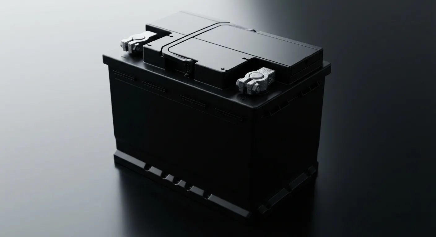 Miniature d'une batterie de voiture seule, gros plan minimaliste et contrasté.