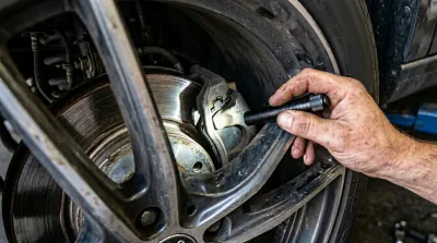 Gros plan sur un étrier et un disque de frein montrant une plaquette de frein reste 5 mm d'épaisseur.