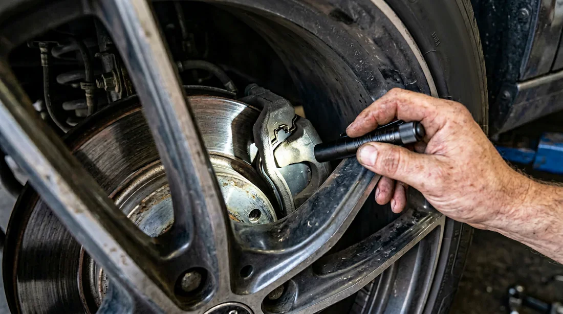 Épaisseur restante d'une plaquette de frein Gros plan sur un étrier et un disque de frein montrant une plaquette de frein reste 5 mm d'épaisseur.