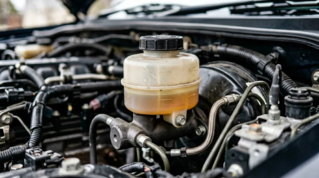 Baisse du niveau de liquide de frein due à l'usure Niveau bas du liquide de frein dans le réservoir sous le capot, conséquence directe de l'usure des plaquettes.