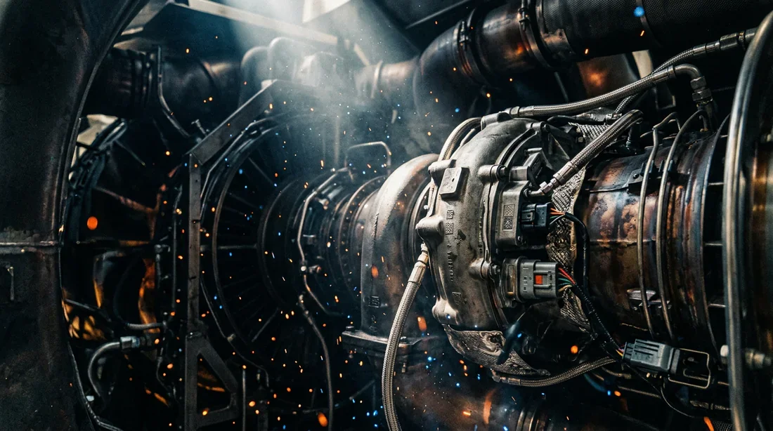 Vue cinématographique rapprochée d'un turbocompresseur automobile mis en valeur par un éclairage industriel