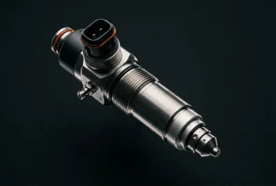 Gros plan technique sur une pièce moteur diesel, style épuré