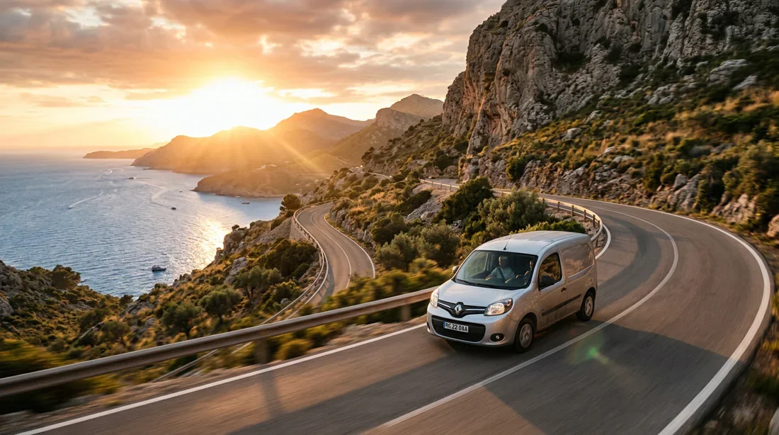 Renault Kangoo en plein voyage - Vue éditoriale Un Renault Kangoo circulant sur une route de montagne majestueuse au coucher du soleil