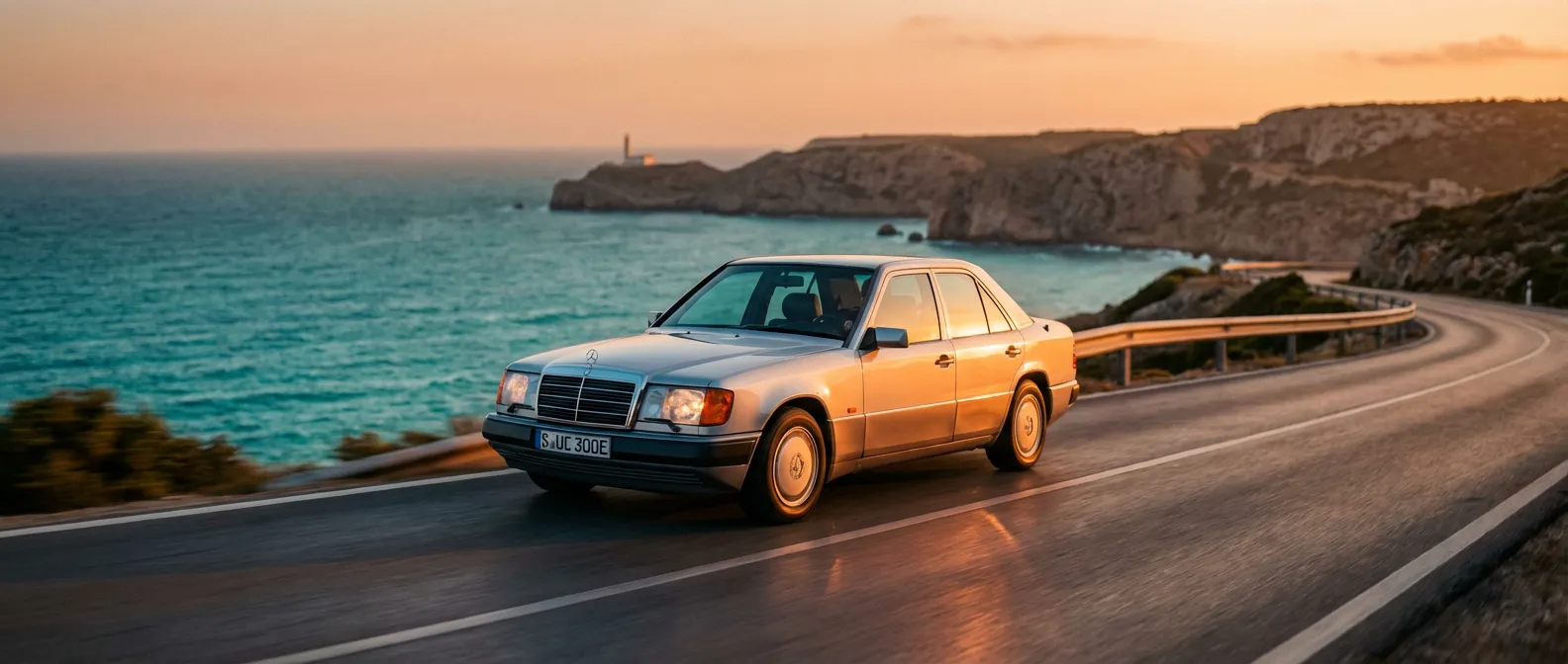 La silhouette iconique de la Mercedes W124 300E en mouvement Mercedes-Benz W124 300E argentée roulant sur une route côtière au coucher du soleil