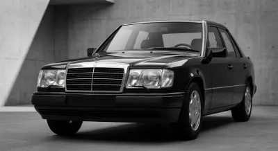 Vue avant de trois-quarts d'une Mercedes W124 300E noire sur fond minimaliste