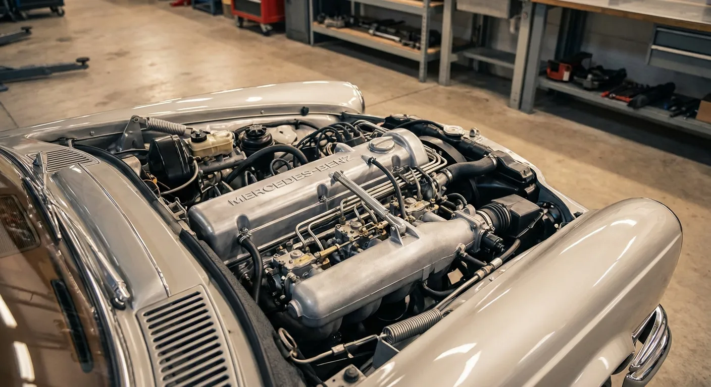 Le cœur mécanique : Moteur M103 de la Mercedes 300E Vue détaillée du moteur six-cylindres M103 d'une Mercedes W124