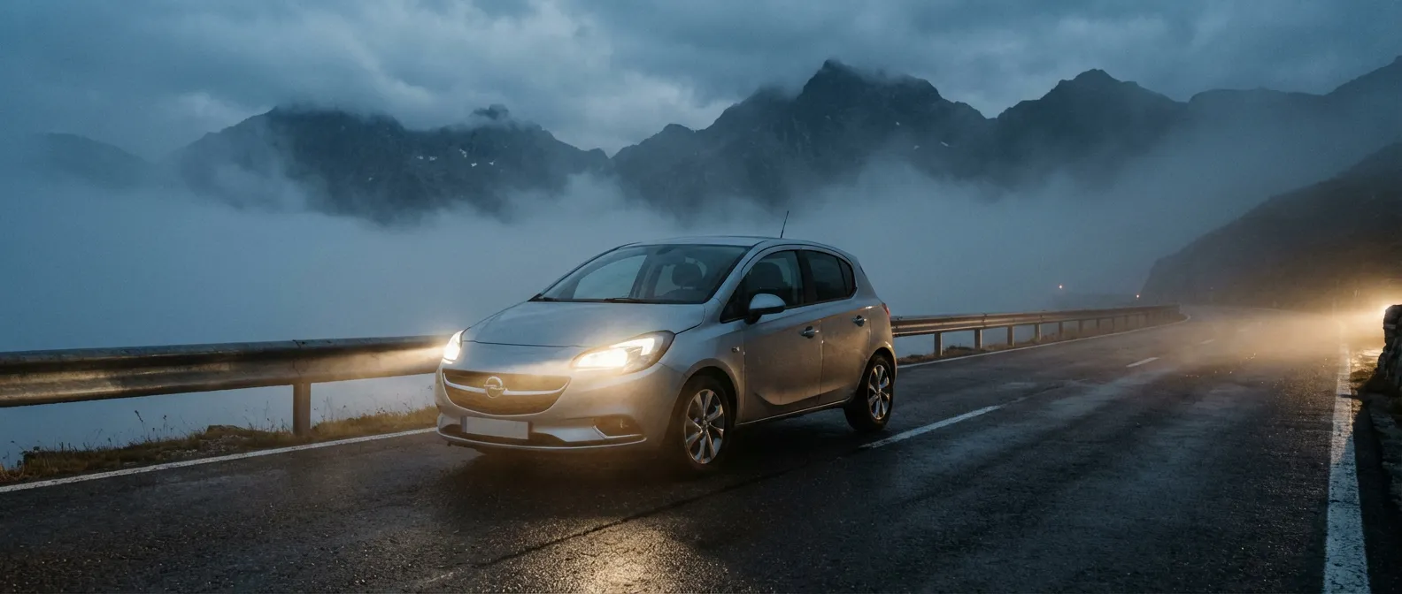 Une Opel Corsa grise immobilisée sur une route de montagne brumeuse évoquant des problèmes mécaniques