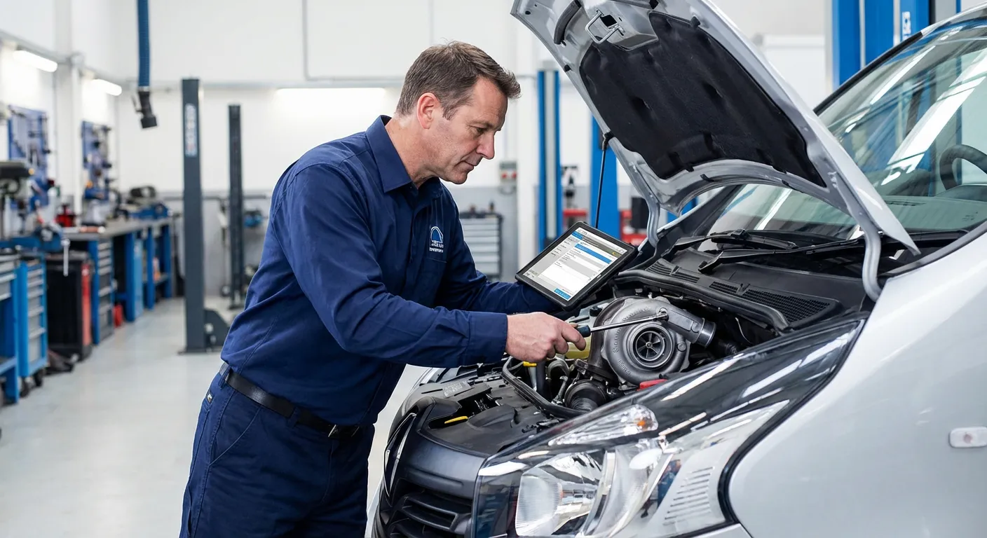 Mécanicien expert effectuant un diagnostic moteur sur un Renault Trafic 1.6 dCi dans un atelier moderne.
