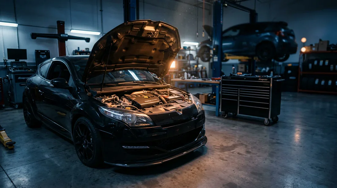 Vue cinématographique du compartiment moteur d'une Renault Megane 3 dans un garage professionnel
