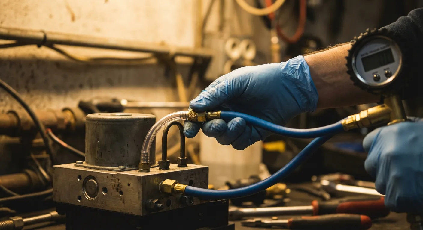 Technicien intervenant sur le bloc ABS pour une purge du circuit de freinage.