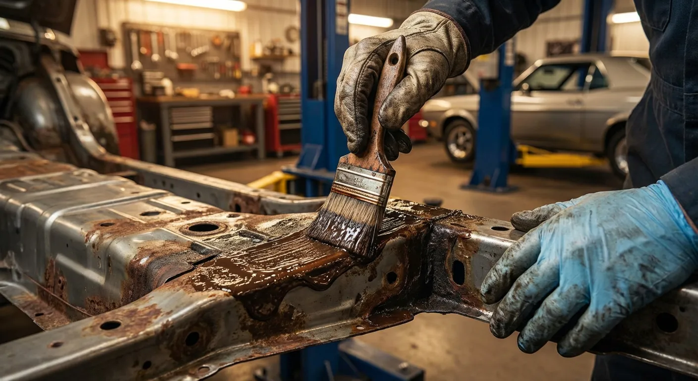 Tutoriel : Les étapes d'application du Rustol Owatrol sur un châssis Mains d'un mécanicien appliquant méticuleusement le Rustol Owatrol sur un châssis de voiture.