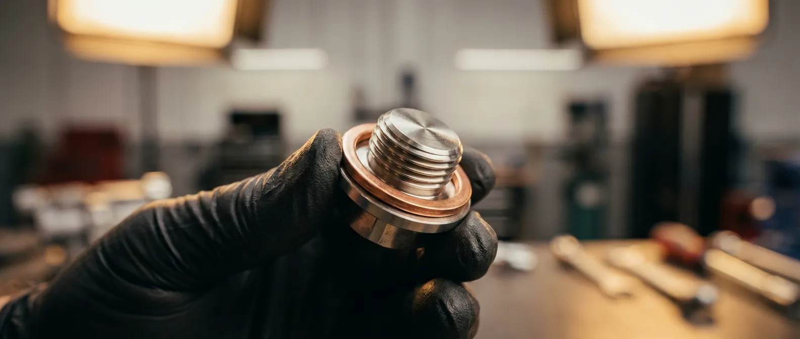 Gros plan cinématographique d'un joint de vidange en cuivre brillant prêt pour le montage