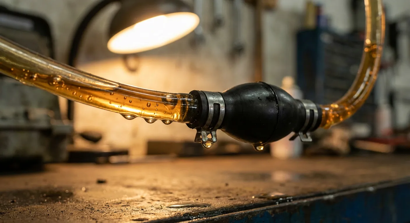 Détail de fuites de carburant et de bulles d'air autour d'une poire d'amorçage