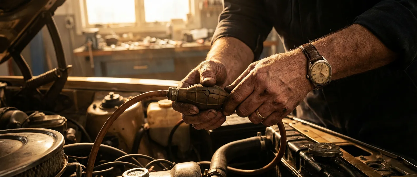 Inspection professionnelle d'une poire d'amorçage défectueuse sous le capot d'un véhicule