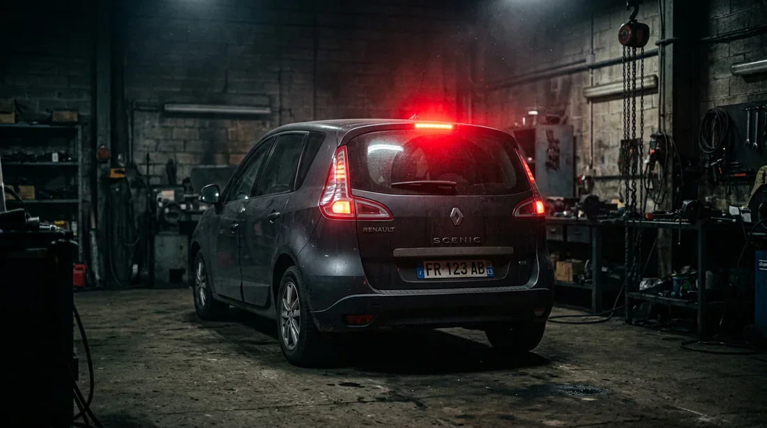 Vue arrière cinématique d'une Renault Scenic 3 avec le troisième feu stop allumé dans un garage sombre