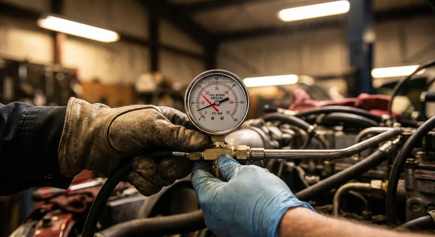 Diagnostic technique de la pression de retour Mécanicien inspectant la pression du circuit de retour de gasoil avec un manomètre