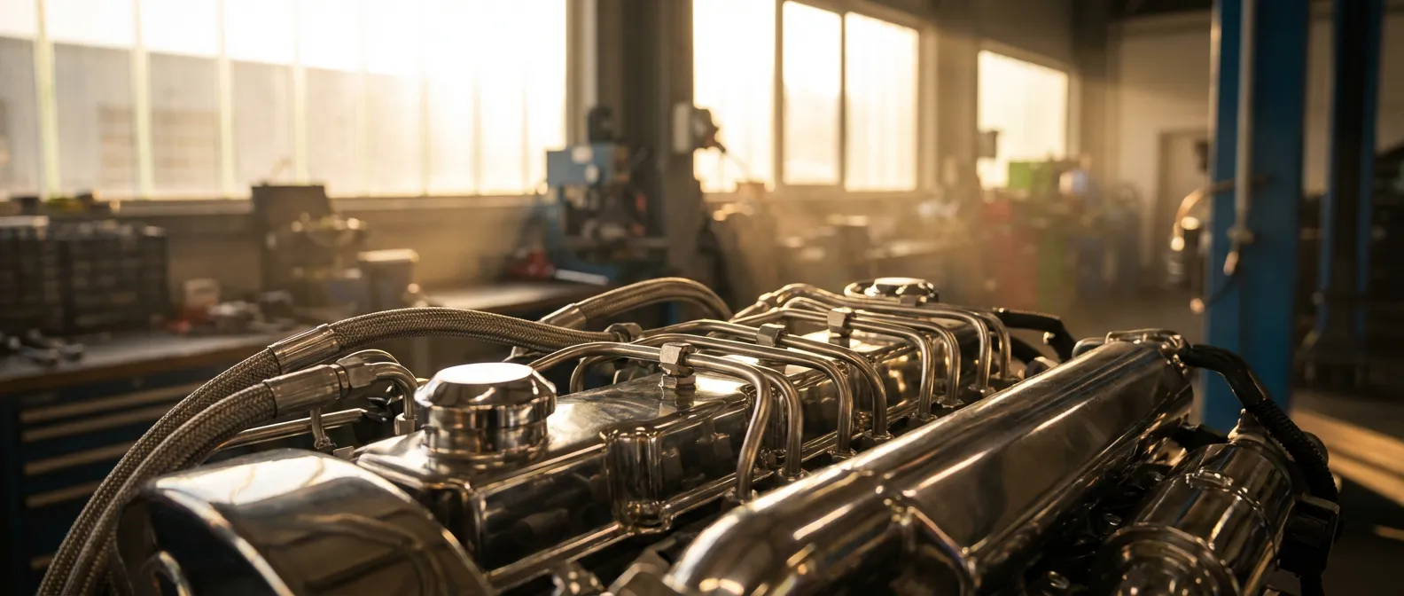 Système d'injection diesel haute pression et circuit de retour Vue cinématique en gros plan d'un circuit d'injection diesel moderne avec tubulures métalliques