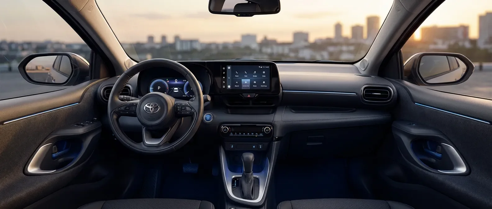 Vue panoramique du tableau de bord numérique d'une Toyota Yaris Hybride 2024