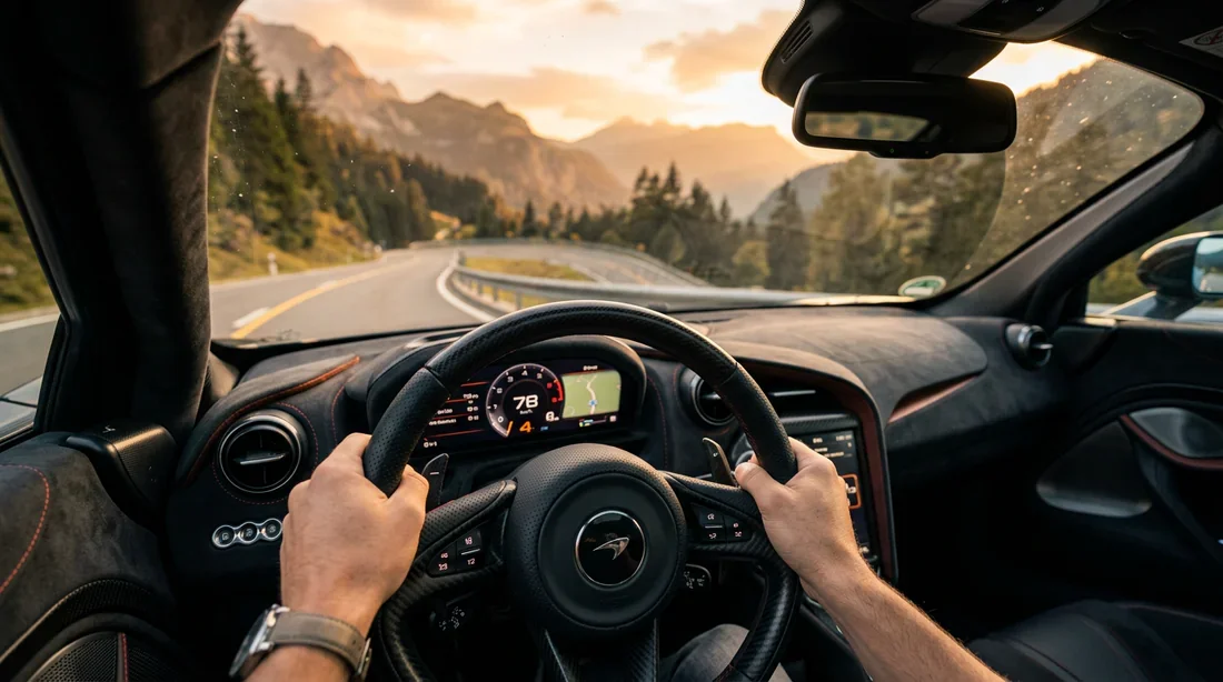 Le poste de conduite : une expérience immersive Vue cinématographique de l'intérieur d'une voiture sur une route de montagne au coucher du soleil