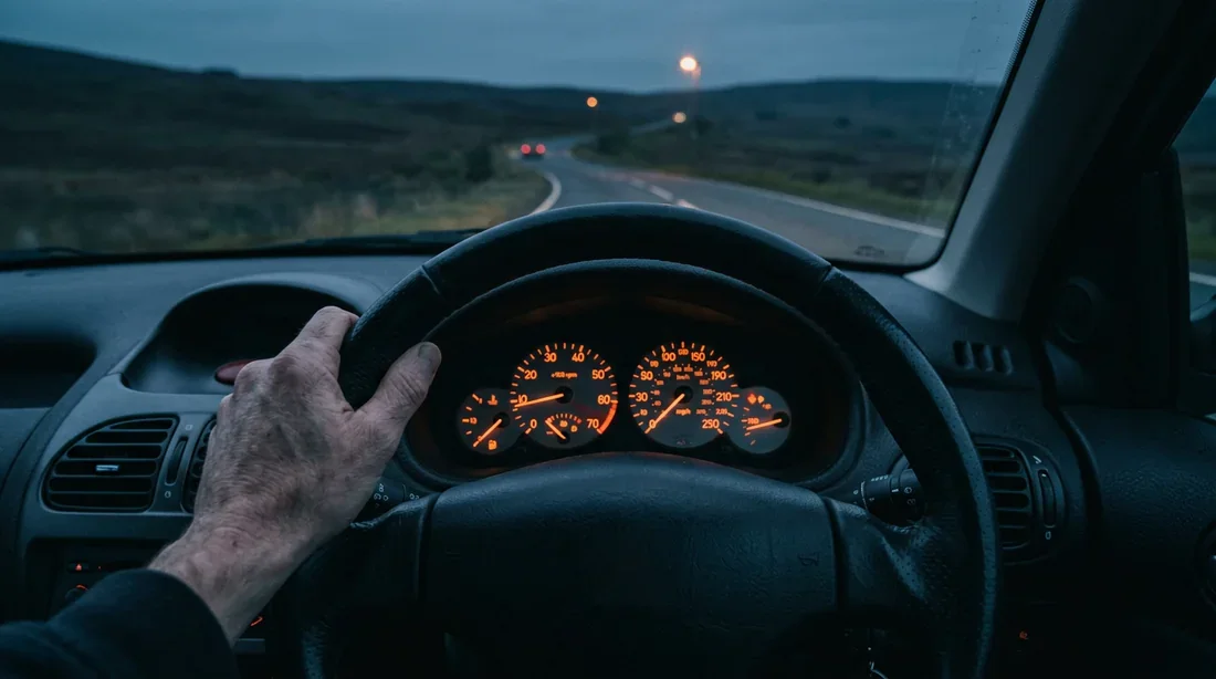 Tableau de bord d'une Peugeot 206 illuminé à la tombée de la nuit