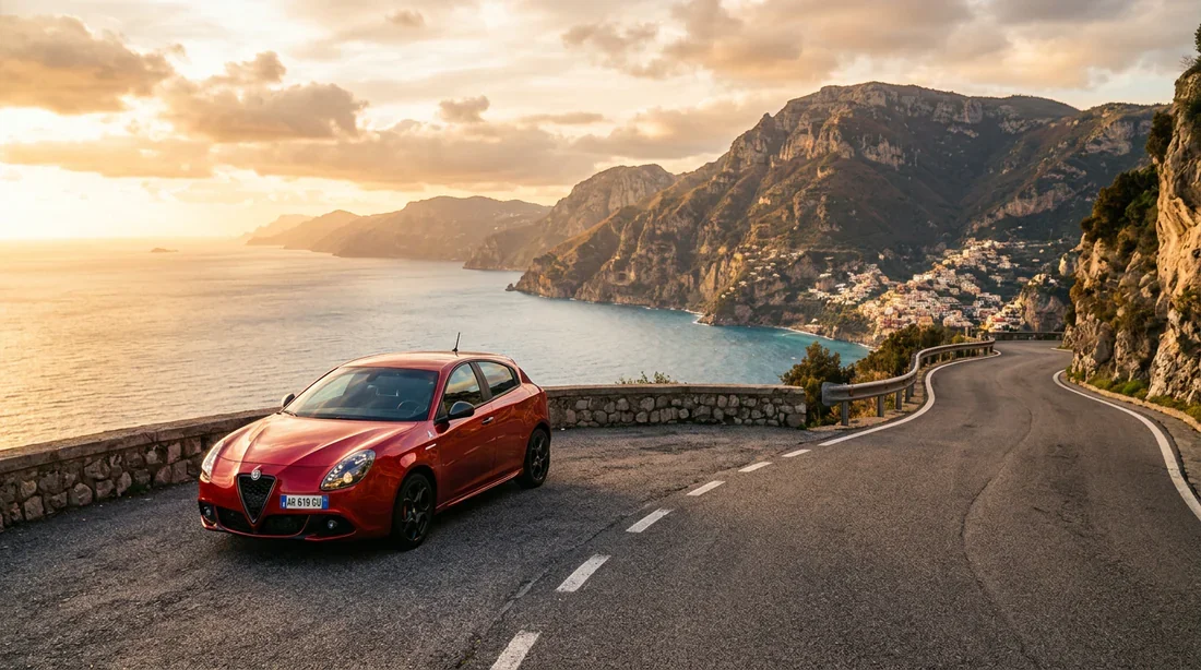 Alfa Romeo Giulietta garée sur une route côtière au coucher du soleil