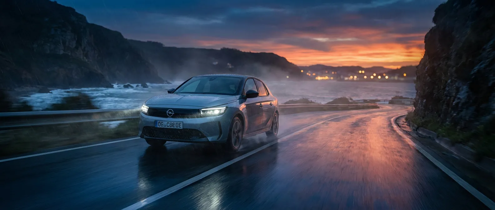 Voyant voiture avec clé sur Opel Corsa : guide de diagnostic Vue cinématographique d'une Opel Corsa sur une route au crépuscule, illustrant le voyant voiture avec clé.