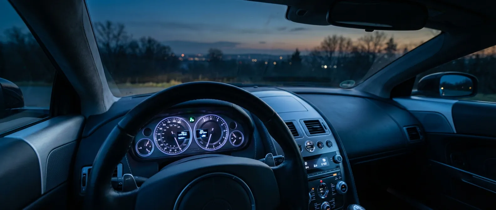 Tableau de bord de voiture moderne dans l'obscurité avec éclairage d'ambiance